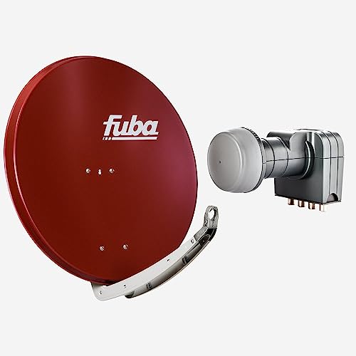 Fuba Sat Anlage 4 Teilnehmer | Satellitenschüssel Komplettset - DAA 850 R Sat-Schüssel 85cm Alu rot + Fuba DEK 417 Quad LNB 4 Teilnehmer (DVB-S2, HDTV, UHD 4K/8K, 3D) mit LTE-Störfilter von Fuba