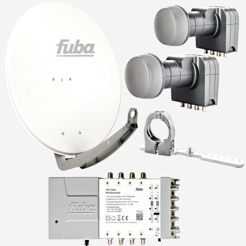 Fuba Sat Anlage 8 Teilnehmer - 2 Satelliten (z.B. Astra/Hotbird) | DAA 780 W Satellitenschüssel 80cm Alu weiß (Testergebnis: ausgezeichnet)* + 2X LNB + Multifeedschiene + Multischalter 8 Teilnehmer von Fuba