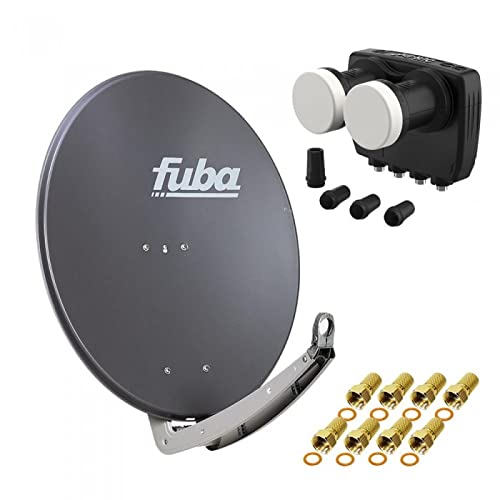 HD Digital Sat Anlage 2 Satelliten Astra/Hotbird - 4 Teilnehmer | Fuba DAA780A Sat Schüssel 78cm anthrazit + DUR-line MB6-QS Monoblock Quad LNB 6° (DVB-S2, HDTV, 4K/8K, 3D) + 8xF-Stecker vergoldet von Fuba