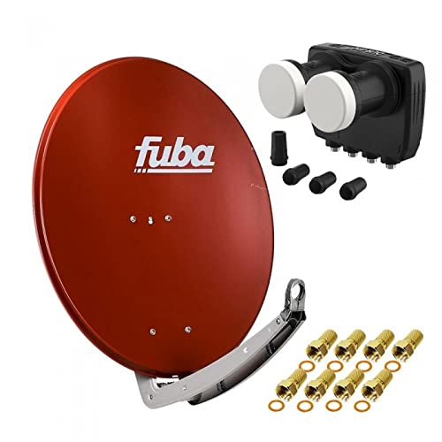 HD Digital Sat Anlage 2 Satelliten Astra/Hotbird - 4 Teilnehmer | Fuba DAA780R Sat Schüssel 78cm Ziegelrot + DUR-line MB6-QS Monoblock Quad LNB 6° (DVB-S2, HDTV, 4K/8K, 3D) + 8xF-Stecker vergoldet von Fuba
