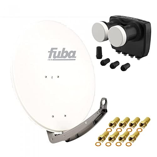 HD Digital Sat Anlage 2 Satelliten Astra/Hotbird - 4 Teilnehmer | Fuba DAA780W Sat Schüssel 78cm weiß + DUR-line MB6-QS Monoblock Quad LNB 6° (DVB-S2, HDTV, 4K/8K, 3D) + 8xF-Stecker vergoldet von Fuba