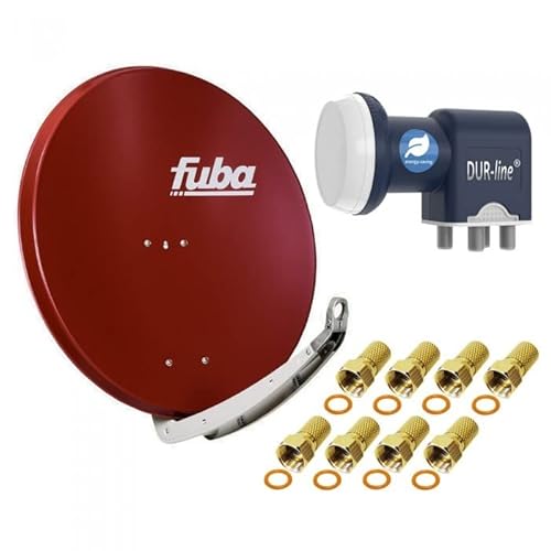 Satellitenschüssel Komplettset 4 Teilnehmer - Stromspar-Set | Fuba DAA 850 R Satellitenschüssel 85cm Alu rot + DUR-line Blue Eco Quad LNB 4 Teilnehmer (stromsparend, DVB-S2, HDTV, UHD 4K/8K, 3D) von Fuba