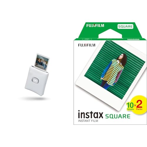 instax Square Link Smartphone Printer, Ash White & Square Sofortbildfilm, weißer Rand 20er Packung von Fujifilm