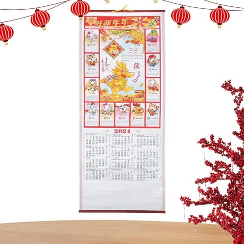 2024 Chinesischer Wandkalender Drache, Chinesisches Neujahr des Drachen-Kalender-Wandrolle - Chinesischer Sternzeichen-Drachen-Kalender, Fengshui-Kalender, chinesische Wandkalender-Schriftrolle für d von Fukamou