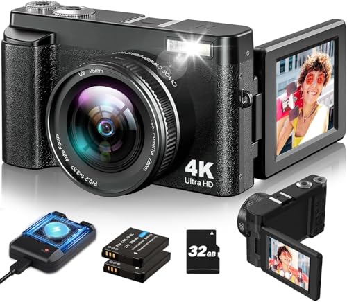 Digitalkamera 4K Fotokamera mit 32GB Karte Fotoapparat 48MP Kompaktkamera mit 3" 180° Flip-Bildschirm Digitalkamera Selfie Autofokus Blitzlicht Vlogging Kamera Einstiegskamera von Fulealfly