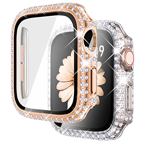 Fullife 2 Stück Bling Displayschutzfolie kompatibel mit Apple Watch 44 mm iWatch Serie 6/5/4/SE (2023–2020), Bling Crystal Diamond gehärtetes Glas Schutzhülle (Roségold/transparent) von Fullife