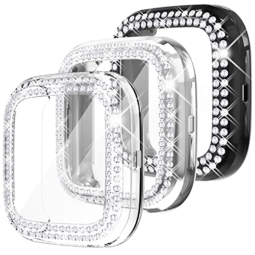 Fullife 3 Pack TPU Bumper für Fitbit Versa 2, Crystal Diamond Bling Cases HD Full Protective Case Cover Kratzfest Stoßdämpfend für Versa 2 Smartwatch Zubehör, Schwarz/Silber/Klar von Fullife