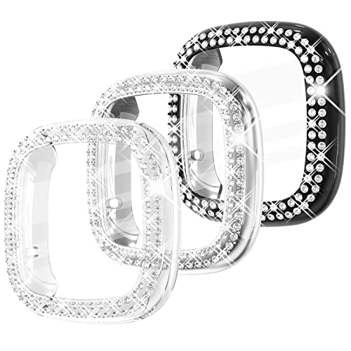 Fullife 3-Pack TPU Bumper für Fitbit Versa 3 Displayschutzfolie, Crystal Diamond Bling Case HD Vollständige Schutzhülle für Männer Frauen, Fitbit Versa 3/Fitbit Sense Smartwatch, Schwarz/Silber/Klar von Fullife