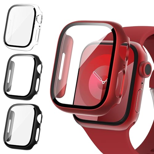 Fullife 3 Stück kompatibel mit Apple Watch Series 8 7 45 mm Displayschutzfolie eingebaute 9H Hartglasfolie insgesamt harte PC Schutzhülle für iWatch 45 mm (schwarz/rot/transparent) von Fullife