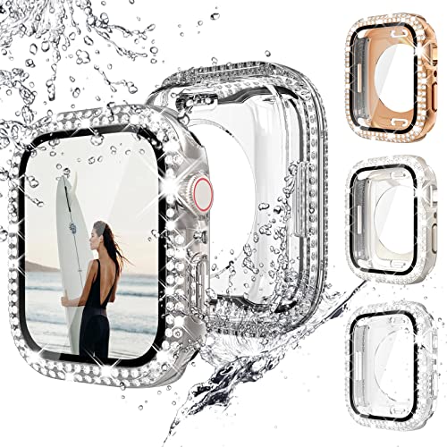 Fullife 3 Stück wasserdichte Bling Hülle für Apple Watch 45 mm Displayschutzfolie Serie 8 Serie 7, Frauen Glitzer Diamant Strass Bumper Sparkly Face Cover für iWatch 45 mm (Rosegold/Starlight/Clear) von Fullife