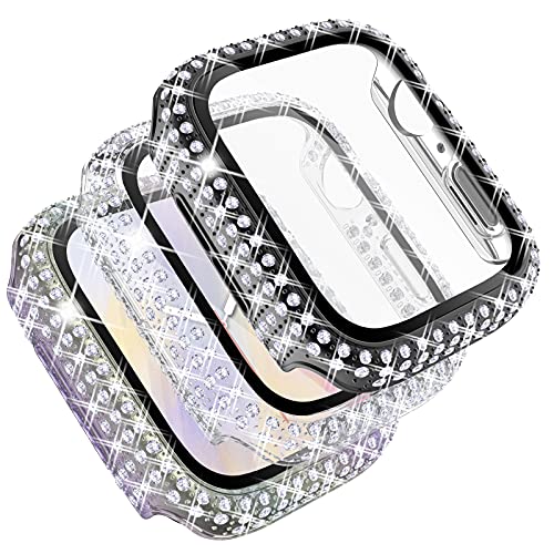 Fullife 3er-Pack Kristall-Diamant-Bling-Hüllen kompatibel mit Apple Watch, 38 mm, schützender Stoßfänger mit Displayschutz aus gehärtetem Glas für iWatch Serie 3 2 1, Schwarz/Regenbogen/Transparent von Fullife