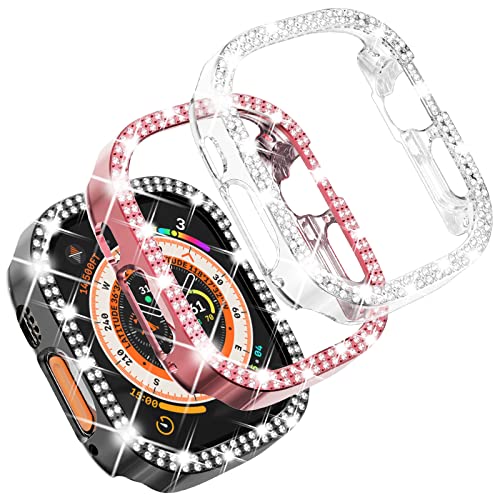 Fullife 3er-Pack Kristall-Strass-Bumper mit Apple Watch Ultra-Hülle, 49 mm, glitzernder Rahmen für iWatch Damen Mädchen (49 mm, Schwarz/Rosa/Transparent) von Fullife