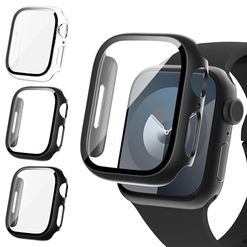 Fullife 3er-Pack harte PC-Displayschutzfolie, integriertes gehärtetes Glas, kompatibel mit Apple Watch 45 mm Serie 7, insgesamt stoßfest, geeignet für iWatch 45 mm (schwarz/dunkelgrau/transparent) von Fullife