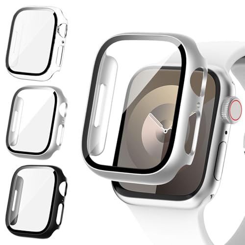 Fullife 3er-Pack harte PC-Hülle mit Displayschutz aus gehärtetem Glas, kompatibel mit Apple Watch 40 mm Serie SE/6/5/4, insgesamt stoßfeste Abdeckung für iWatch 40 mm (Schwarz/Silber/Transparent) von Fullife