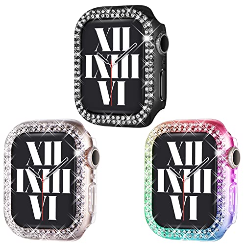 Fullife 3er-Pack kompatibel mit Apple Watch Hülle 41 mm Series 9 8 7 Kristall Strass Bumper Bling Face Cover Funkelnder Rahmen für iWatch Damen Mädchen (41 mm, Schwarz/Regenbogen/Transparent) von Fullife