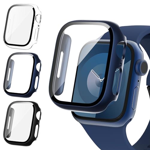 Fullife 3er-Pack kompatibel mit Apple Watch Serie 6 5 4 SE (2022/2020) 44 mm Displayschutzfolie, eingebaute 9H Hartglasfolie, insgesamt harte PC-Schutzhülle für iWatch 44 mm, schwarz/blau/transparent von Fullife