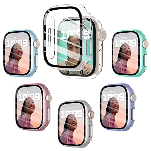 FULLIFE Schutzhülle für Apple Watch Serie 9, 45 mm, mit Displayschutzfolie, stoßfest, für Damen und Herren, iWatch Serie 9, 8, 7, 45 mm, Hellblau/Violett/Aquablau/Roségold/Sternenlicht, Transparent, von Fullife