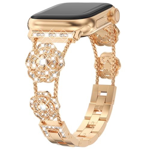 Fullife Bling Metall Armband Kompatibel für Apple Watch 46mm 45mm 44mm 42mm(Series 3 2 1),Damen Diamant Edelstahlband Ersatzband für iWatch SE Series 10/9/8/7/6/5/4/3/2/1,Roségold von Fullife