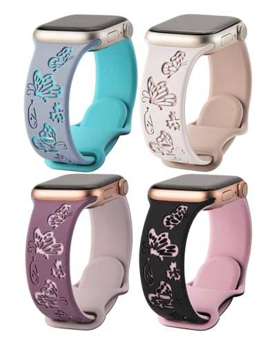 Fullmosa 4 Stück Ersatzarmband Kompatibel mit Apple Watch Armband 40mm 41mm 38mm 42mm（Series 10） Damen, Schmetterling Gravierte Silikon Sport Armbänder für iWatch Serie SE 10 9 8 7 6 5 4 3 von Fullmosa