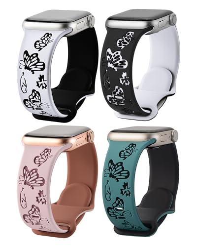 Fullmosa 4 Stück Ersatzarmband Kompatibel mit Apple Watch Armband 40mm 41mm 38mm 42mm（Series 10） Damen, Schmetterling Gravierte Silikon Sport Armbänder für iWatch Serie SE 10 9 8 7 6 5 4 3 von Fullmosa