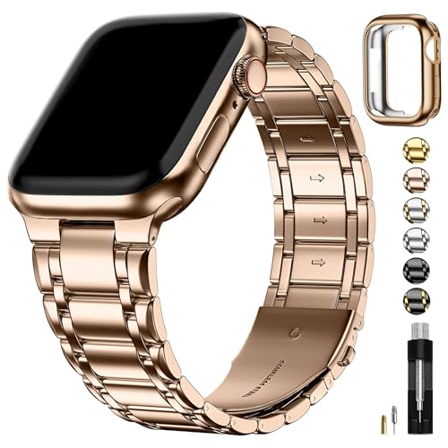 Fullmosa Kompatibel mit Apple Watch Armband 40mm 41mm 38mm Series SE 9 8 7 6 5 4 3 2 1, Edelstahl Apple Watch Ersatzarmbänder für Damen Herren, Metallarmband mit TPU-Schutzhülle, Roségold von Fullmosa