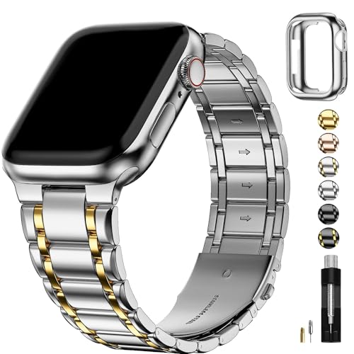 Fullmosa Kompatibel mit Apple Watch Armband 40mm 41mm 38mm Series SE 9 8 7 6 5 4 3 2 1, Edelstahl Apple Watch Ersatzarmbänder für Damen Herren, Metallarmband mit TPU-Schutzhülle, Silber mit Gold von Fullmosa