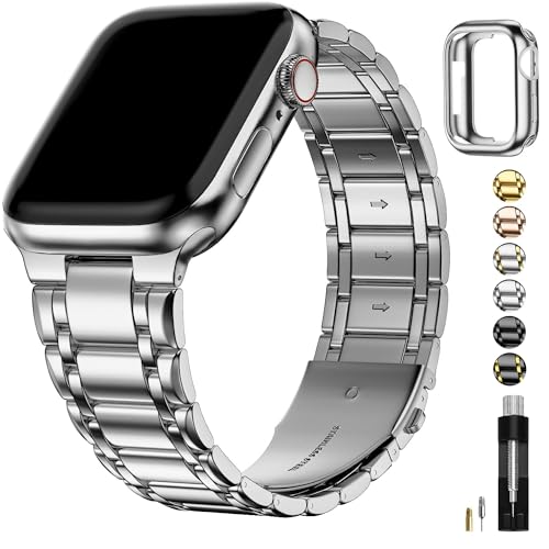 Fullmosa Kompatibel mit Apple Watch Armband 40mm 41mm 38mm Series SE 9 8 7 6 5 4 3 2 1, Edelstahl Apple Watch Ersatzarmbänder für Damen Herren, Metallarmband mit TPU-Schutzhülle, Silber von Fullmosa