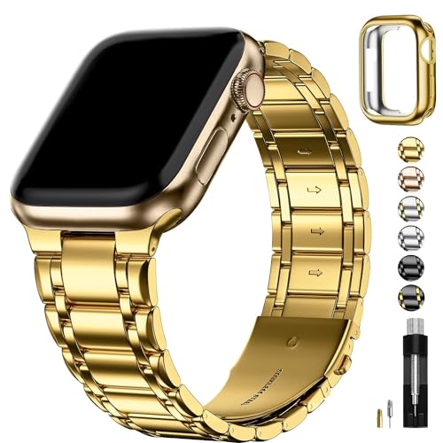 Fullmosa Kompatibel mit Apple Watch Armband 40mm 41mm 38mm Series SE 9 8 7 6 5 4 3 2 1, Edelstahl Apple Watch Ersatzarmbänder für Damen Herren, Metallarmband mit TPU-Schutzhülle,Gold von Fullmosa