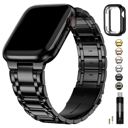 Fullmosa Kompatibel mit Apple Watch Armband 40mm 41mm 38mm Series SE 9 8 7 6 5 4 3 2 1, Edelstahl Apple Watch Ersatzarmbänder für Damen Herren, Metallarmband mit TPU-Schutzhülle,Schwarz von Fullmosa