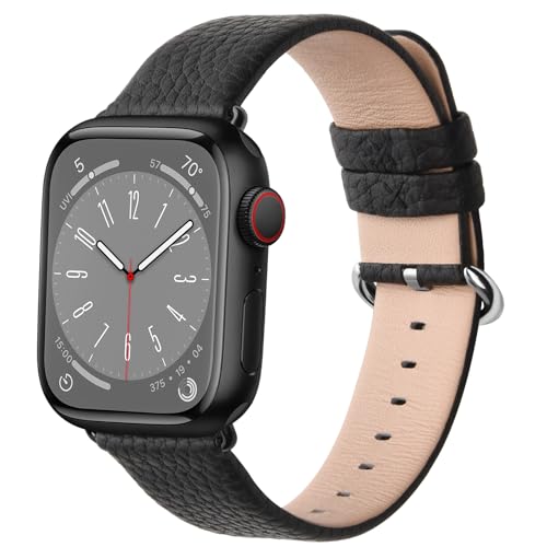 Fullmosa Kompatibel mit Apple Watch Armband 41mm 40mm 38mm, Lederband Ersatzband für Damen Herren, Klassische Leder Armbänder für iWatch 7/6/SE/5/4/3/2/1 Armband,Schwarz + Rotguss Adapter 38/40/41mm von Fullmosa