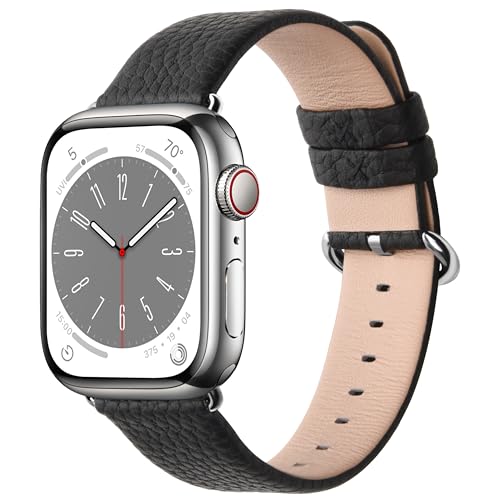 Fullmosa Kompatibel mit Apple Watch Armband 41mm 40mm 38mm, Lederband Ersatzband für Damen Herren, Klassische Leder Armbänder für iWatch 9/8/7/6/SE/5/4/3/2/1 Armband,Schwarz + Silber Hardware von Fullmosa