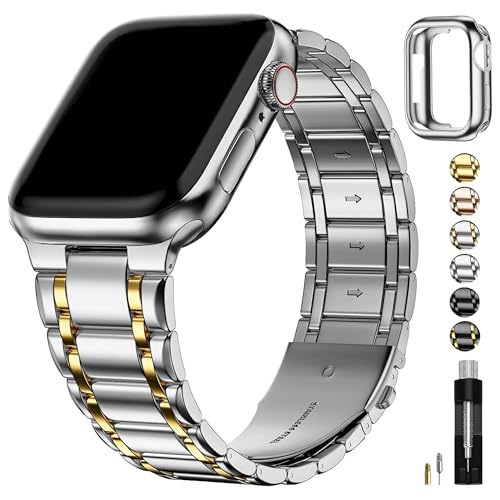 Fullmosa Kompatibel mit Apple Watch Ultra 2/ Ultra Armband 49mm und 45mm 44mm 42mm für Apple Watch Series 9/8/7/6/5/4/3/2/1, Metall Edelstahl Ersatzarmbänder Herren Damen,Silber mit Gold von Fullmosa