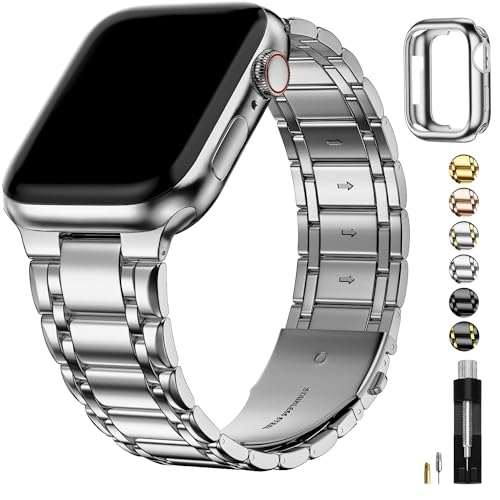 Fullmosa Kompatibel mit Apple Watch Armband 45mm 44mm 42mm Series Ultra 9 8 7 6 SE 5 4 3 2 1, Edelstahl Apple Watch Ersatzarmbänder für Damen Herren Metallarmband mit TPU-Schutzhülle, Silber von Fullmosa