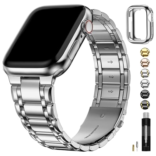 Fullmosa Kompatibel mit Apple Watch Armband 45mm 44mm 42mm Series Ultra 9 8 7 6 SE 5 4 3 2 1, Edelstahl Apple Watch Ersatzarmbänder für Damen Herren Metallarmband mit TPU-Schutzhülle, Silber von Fullmosa