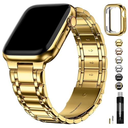 Fullmosa Kompatibel mit Apple Watch Ultra 2/ Ultra Armband 49mm und 45mm 44mm 42mm für Apple Watch Series 9/8/7/6/5/4/3/2/1, Metall Edelstahl Ersatzarmbänder Herren Damen,Gold von Fullmosa