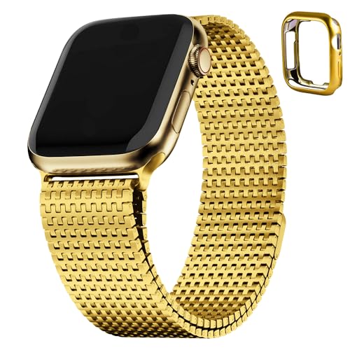 Fullmosa Kompatibel mit Apple Watch Armband 49mm/45mm/44mm/42mm Herren/Damen, Magnet Einstellbar Armbänder für iWatch Series Ultra 9 8 7 SE 6 5 4 3 2 1, Edelstahl Metall Bands Gold von Fullmosa