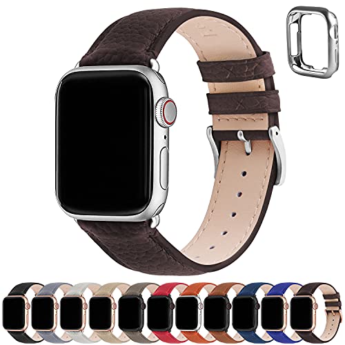 Fullmosa Kompatibel mit Apple Watch Armband 44mm 46mm 45mm 42mm 49mm Damen Herren, Echtes Leder Ersatzarmbänder für iwatch SE Series 10 9 8 7 6 5 4 3 2 1 Ultra, Kaffee+Silberne Schnalle von Fullmosa