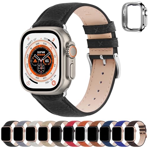 Fullmosa Kompatibel mit Apple Watch Armband 44mm 46mm 45mm 42mm 49mm Damen Herren, Echtes Leder Ersatzarmbänder für iwatch SE Series 10 9 8 7 6 5 4 3 2 1 Ultra, Schwarz+Silberne Schnalle von Fullmosa