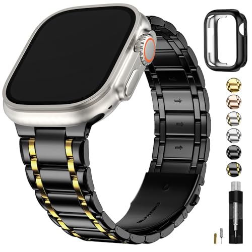 Fullmosa Kompatibel mit Apple Watch Armband Series Ultra 2/Ultra 49mm, Series 9 45mm Edelstahl Apple Watch Ersatzarmbänder für Damen Herren, Metallarmband mit TPU-Schutzhülle, Schwarz mit Gold von Fullmosa