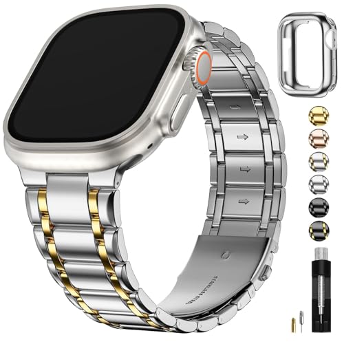 Fullmosa Kompatibel mit Apple Watch Armband Series Ultra 2/Ultra 49mm, Edelstahl Apple Watch Ersatzarmbänder für Damen Herren, Metallarmband mit TPU-Schutzhülle, Silber mit Gold von Fullmosa