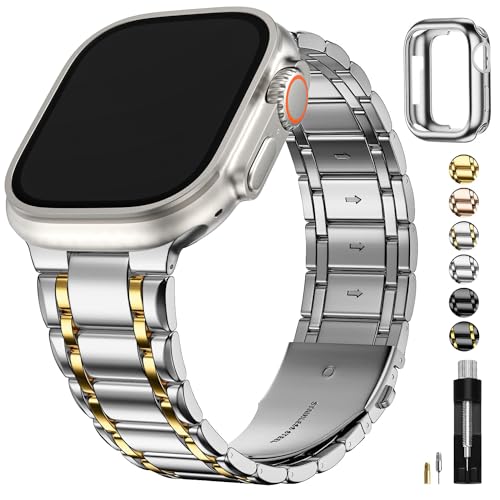 Fullmosa Kompatibel mit Apple Watch Armband Series Ultra 2/Ultra 49mm, Edelstahl Apple Watch Ersatzarmbänder für Damen Herren, Metallarmband mit TPU-Schutzhülle, Silber mit Gold von Fullmosa