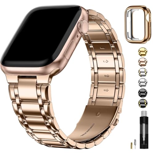 Fullmosa Kompatibel mit Apple Watch Armband Series 10 42mm, Edelstahl Apple Watch Ersatzarmbänder für Damen Herren, Metallarmband mit TPU-Schutzhülle, Roségold Fullmosa Kompatibel mit Apple Watch Armband Series 10 42mm, Edelstahl Apple Watch Ersatzarmbänder für Damen Herren, Metallarmband mit TPU-Schutzhülle, Roségold von Fullmosa