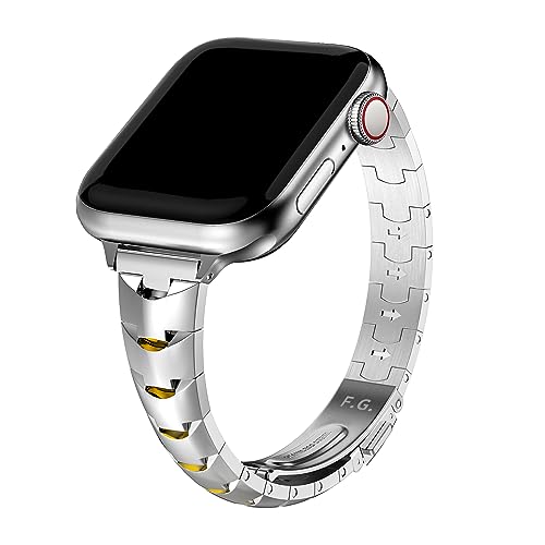 Fullmosa Kompatible mit Apple Watch Armband 49mm 45mm 44mm 42mm Damen Bands, schlankes und dünnes Ersatzband für iWatch SE Series 9 8 7 6 5 4 3 2 1, Silber mit Gold von Fullmosa