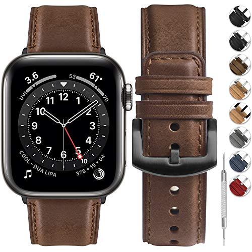 Fullmosa Lederarmband für Apple Watch SE 2/SE Armband 41mm 40mm 38mm, Leder Armband geeignet für iwatch Series 9 8 7 6 5 4 3 2 1 Ersatzarmband für Damen Herren, Dunkelbraun + Rauchgraue Schnalle von Fullmosa