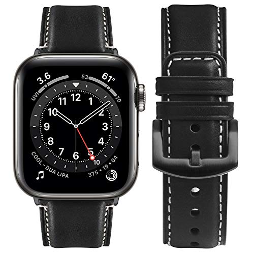 Fullmosa Lederarmband für Apple Watch SE 2/SE Armband 41mm 40mm 38mm, Leder Armband geeignet für iwatch Series 9 8 7 6 5 4 3 2 1 Ersatzarmband für Damen Herren, Schwarz + Schwarze Schnalle von Fullmosa