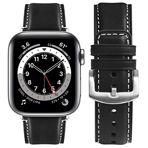 Fullmosa Lederarmband für Apple Watch SE 2/SE Armband 41mm 40mm 38mm, Leder Armband geeignet für iwatch Series 9 8 7 6 5 4 3 2 1 Ersatzarmband für Damen Herren, Schwarz + Silberne Schnalle von Fullmosa