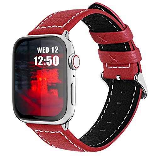 Fullmosa Lederarmband kompatibel mit Apple Watch Ultra2/Ultra 49mm Series 9 8 7 45mm Series 6 SE 5 4 44mm Series 3 2 1 42mm, Ersatzarmband für iwatch Damen Herren, Rot von Fullmosa