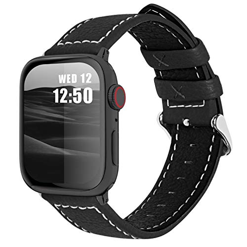 Fullmosa Lederarmband kompatibel mit Apple Watch Ultra2/Ultra 49mm Series 9 8 7 45mm Series 6 SE 5 4 44mm Series 3 2 1 42mm, Ersatzarmband für iwatch Damen Herren, Schwarz von Fullmosa