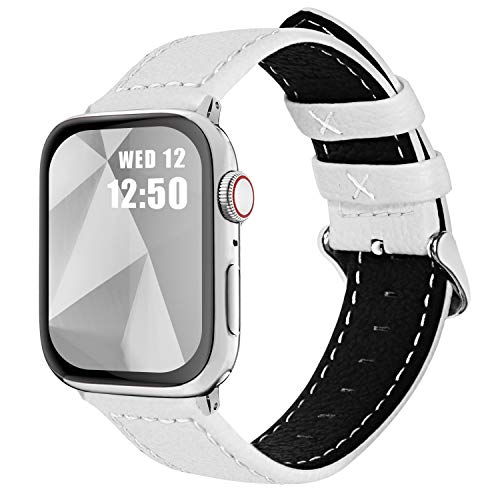 Fullmosa Lederarmband kompatibel mit Apple Watch Ultra2/Ultra 49mm Series 9 8 7 45mm Series 6 SE 5 4 44mm Series 3 2 1 42mm, Ersatzarmband für iwatch Damen Herren,Weiß von Fullmosa