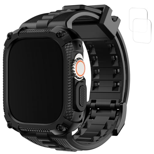 Fullmosa Schutzhülle mit Armband Kompatibel mit Apple Watch Ultra/Ultra2 49mm für Herren, Wasserdichtes Sport Ersatzarmbänder mit Military Gehäuse für iWatch 49mm, Schwarz von Fullmosa